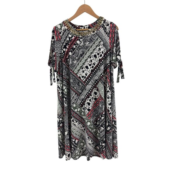 Size 1X 16 PATCHWORK MIXED‎ PRINT EMBELLISHED SWING DRESS Summer Wedding PLUS SZ - Picture 6 of 8